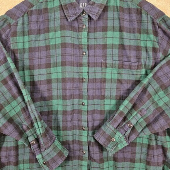 Gap Shirt Flannel Green Purple Plaid Pocket Button Down Women's Size XL Outdoor - Picture 8 of 10